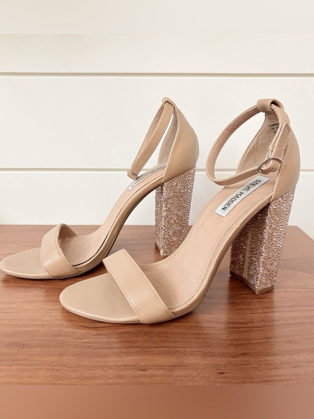 Steve Madden Womens Carrson R Block Rhinestone Heel Shoes Blush Nude Leather 9.5